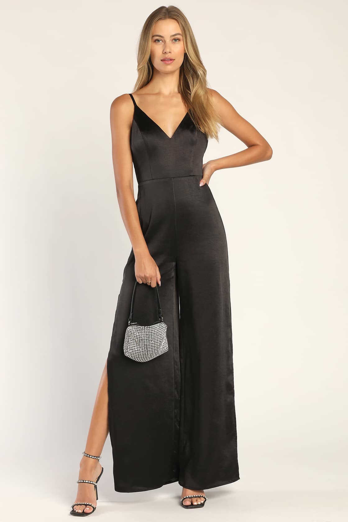 Black Satin Jumpsuit Slit Leg Jumpsuit VNeck Jumpsuit Lulus