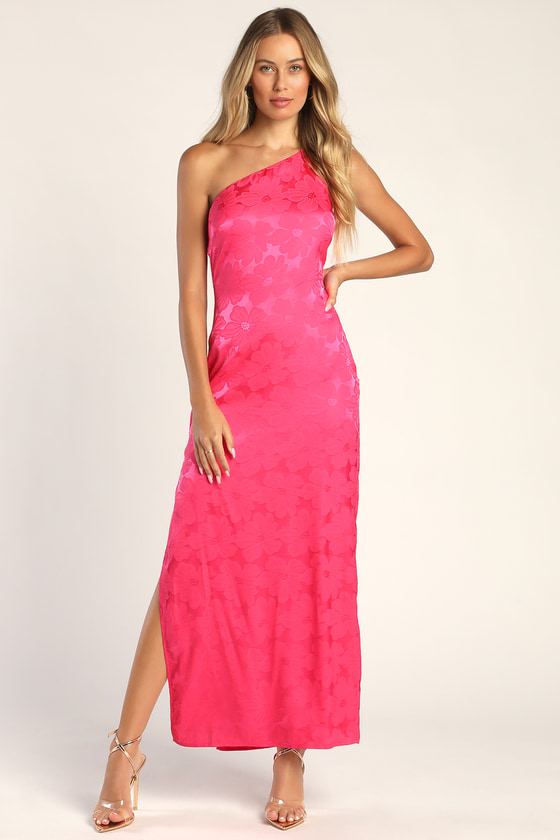 Chasing Desire Hot Pink Satin Jacquard One-Shoulder Maxi Dress