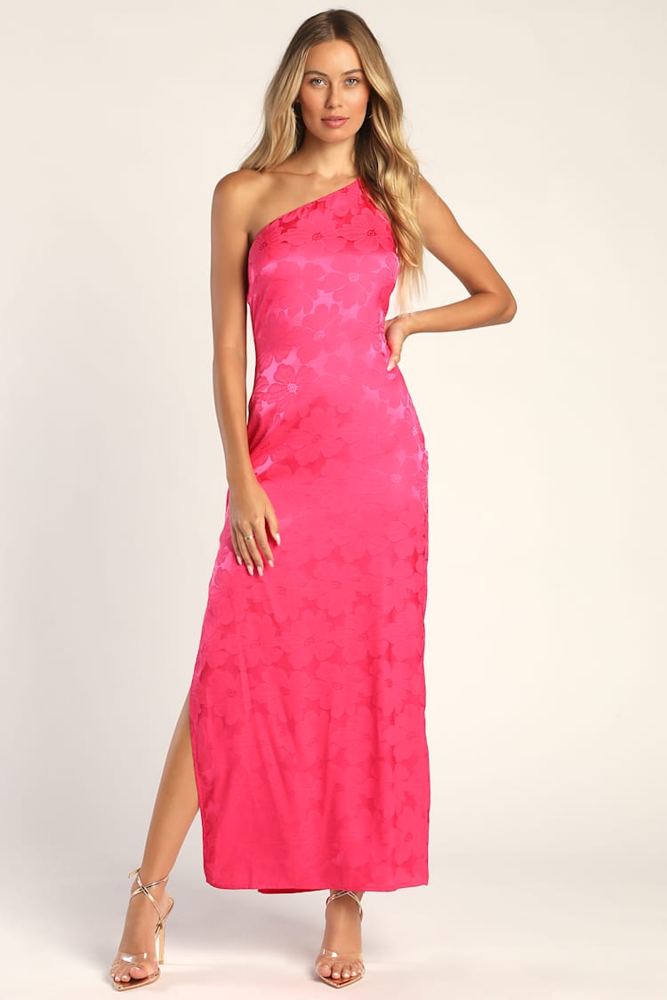 Hot Pink Floral Dress - Satin Jacquard Dress - Satin Maxi Dress - Lulus