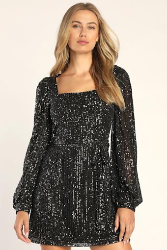 Festive Mood Black and Silver Sequin Long Sleeve Mini Dress 1