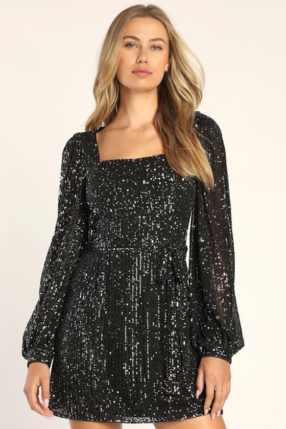 Festive Mood Black and Silver Sequin Long Sleeve Mini Dress 1