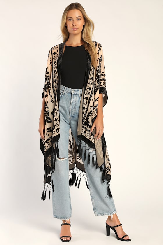 Sheer Emotion Beige and Black Tasseled Burnout Velvet Duster 2