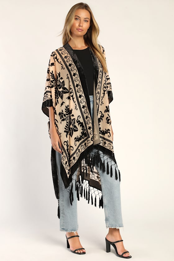 Sheer Emotion Beige and Black Tasseled Burnout Velvet Duster 3