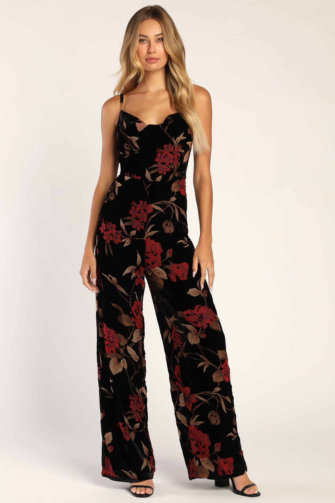 Elegant Effort Black Velvet Floral Cowl Neck Wide-Leg Jumpsuit