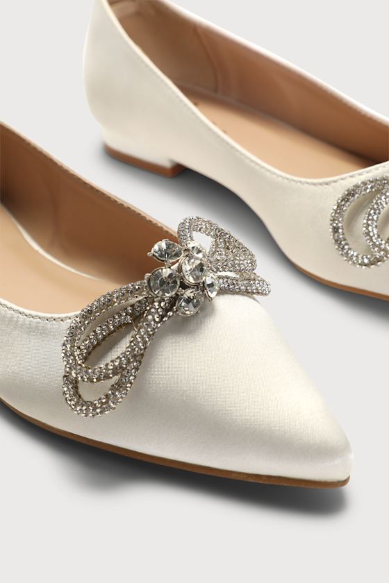 Bowful Ivory Satin Rhinestone Pointed-Toe Ballet Flats 2