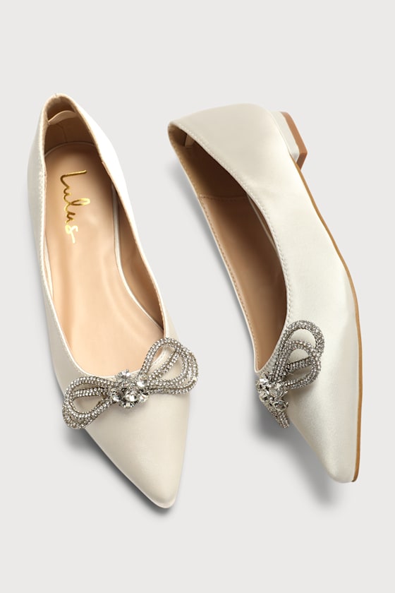 Bowful Ivory Satin Rhinestone Pointed-Toe Ballet Flats 5