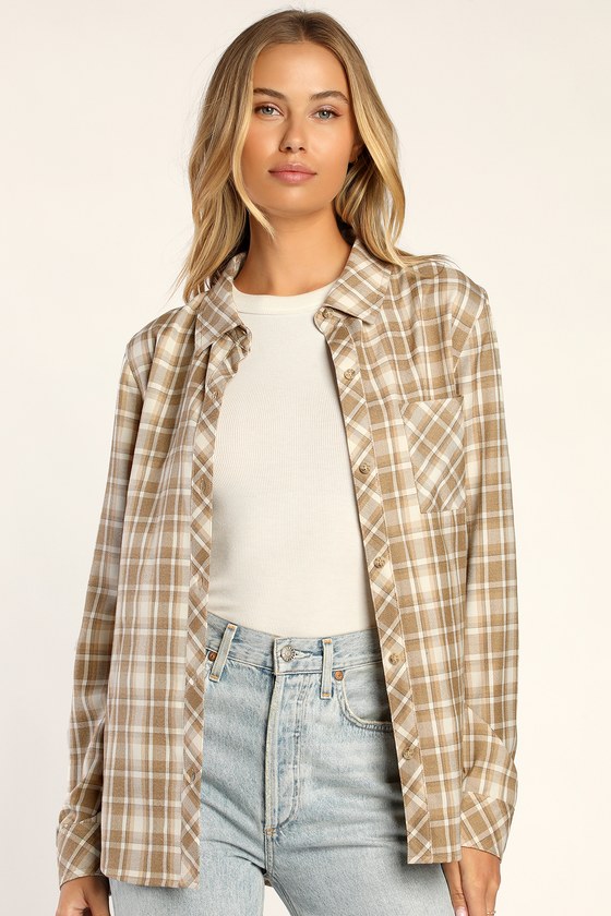 Beige Plaid Button-Up Top - Women's Flannel Top - Button-Up - Lulus