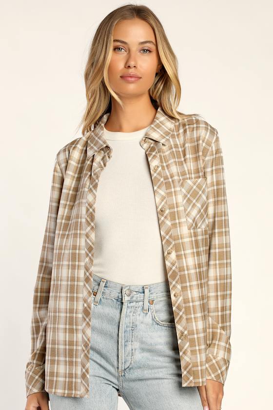 With the Vibe Beige Plaid Button-Up Top 1
