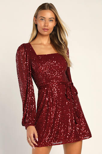 Festive Mood Wine Red Sequin Long Sleeve Mini Dress 2