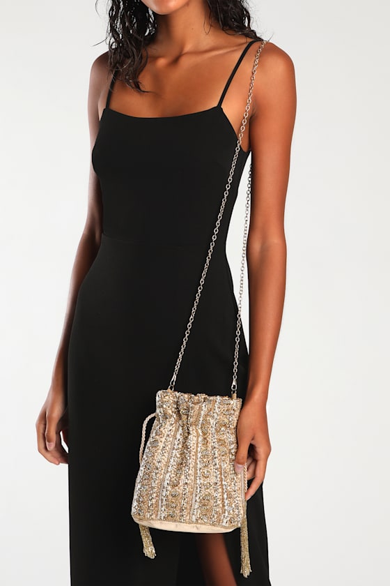 Glimmering Occasions Gold Beaded Crossbody Drawstring Bag 2