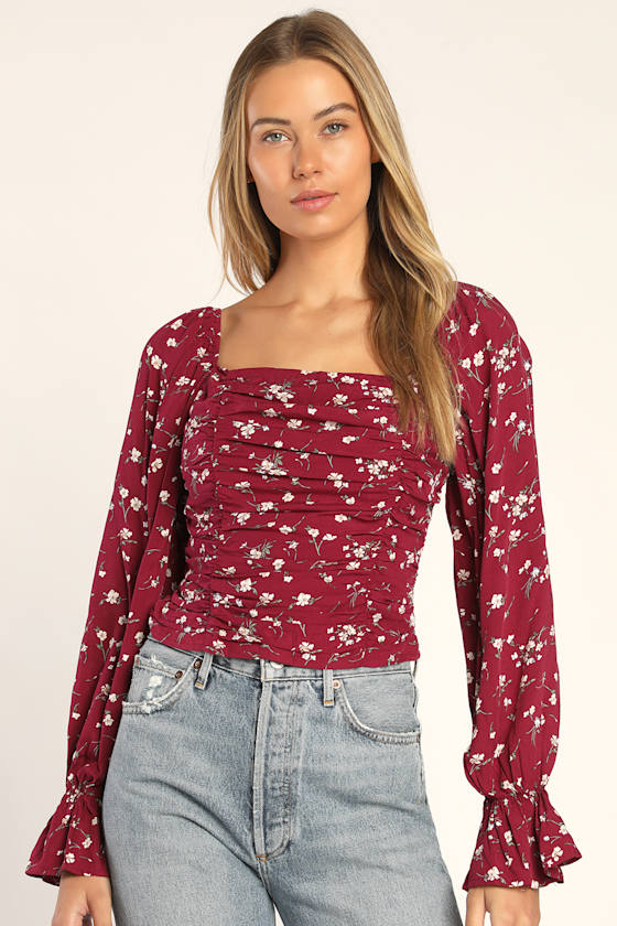 Burgundy Floral Top Ruched Long Sleeve Top Ruched Blouse Lulus
