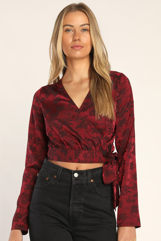Burgundy Floral Wrap Top - Long Sleeve Top - Wrap Top - Lulus