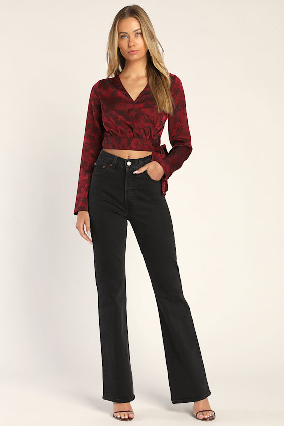 Burgundy Floral Wrap Top Long Sleeve Top Wrap Top Lulus