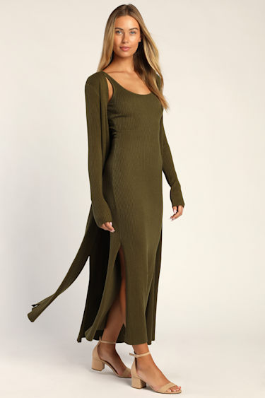 Layer Lover Olive Ribbed Knit Two-Piece Dress Cardigan Set - Main Image