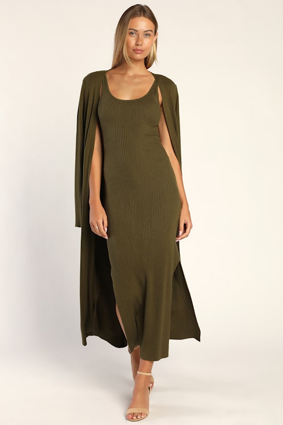 Layer Lover Olive Ribbed Knit Two-Piece Dress & Cardigan Set
