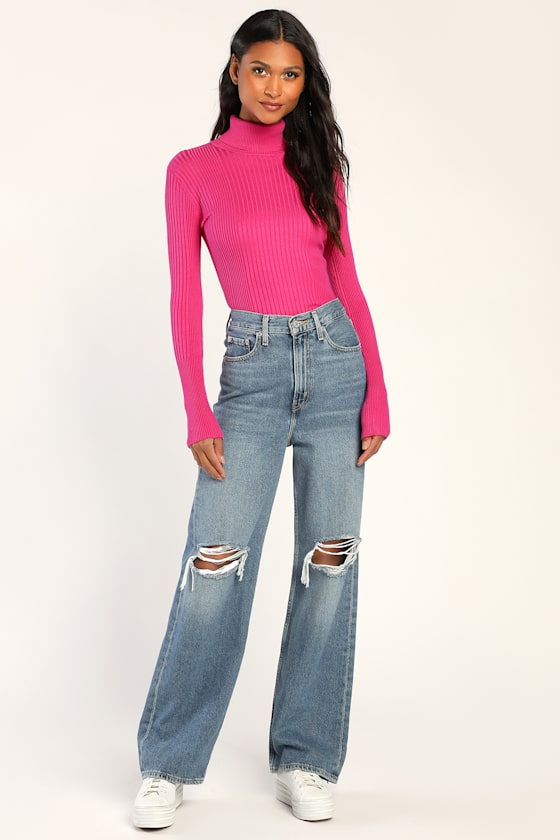 Chic Observations Hot Pink Ribbed Turtleneck Sweater Top 2
