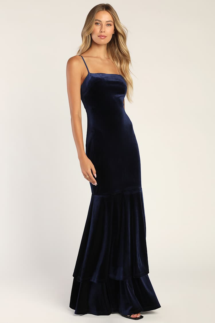 Alluring Muse Navy Blue Velvet Tiered Trumpet Maxi Dress Alluring Muse Navy Blue Velvet Tiered Trumpet Maxi Dress