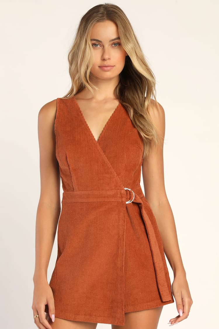 Absolutely Cute Rust Orange Corduroy Faux-Wrap Skort Romper
