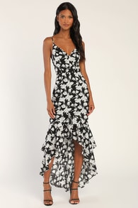 Darling Daylily White and Black Floral Print High-Low Maxi Dress