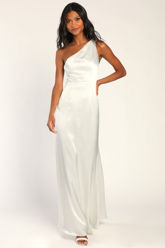 On the Guest List White Satin One-Shoulder Maxi Dress
