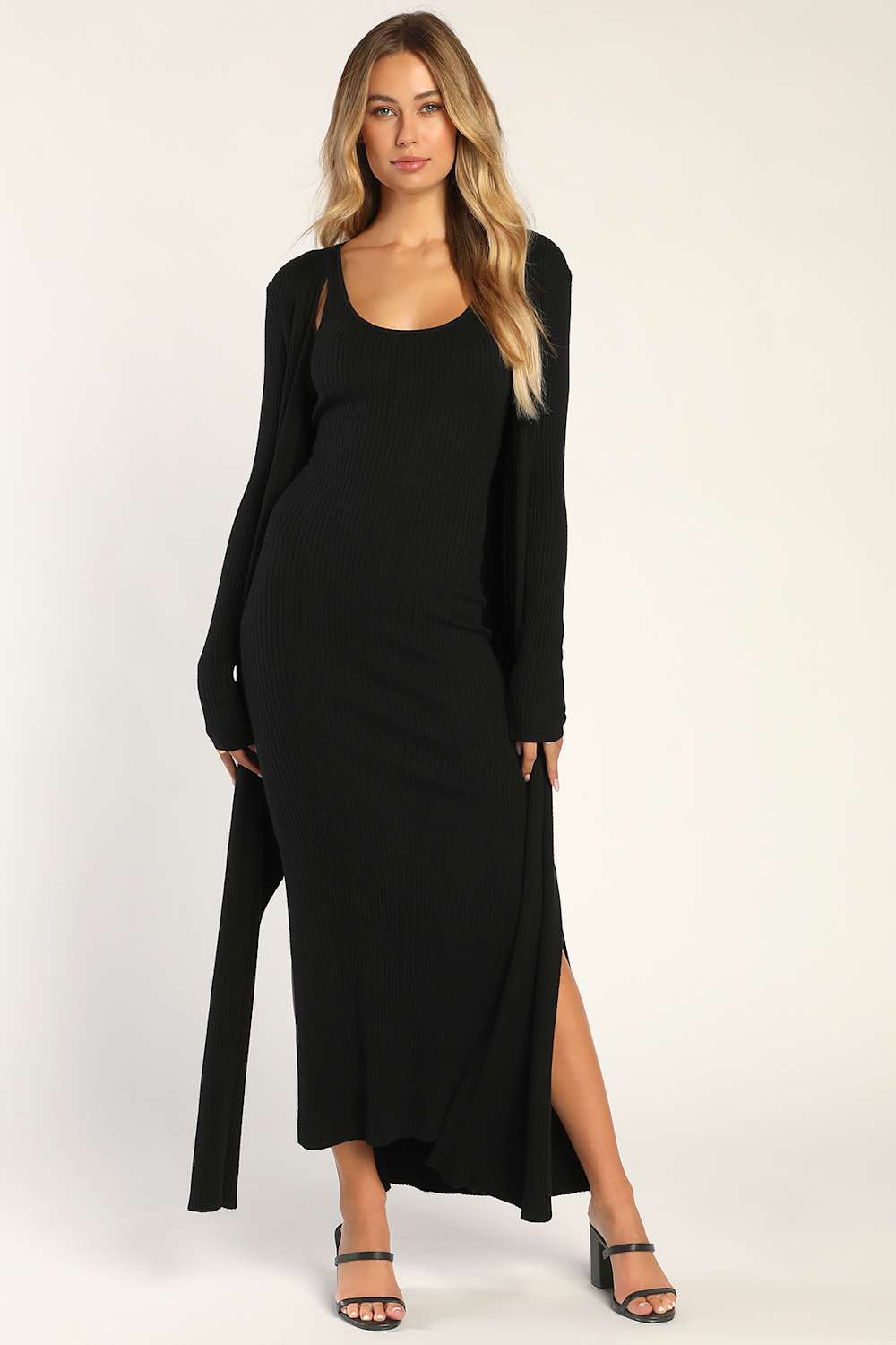Layer Lover Black Ribbed Knit Two-Piece Dress & Cardigan Set