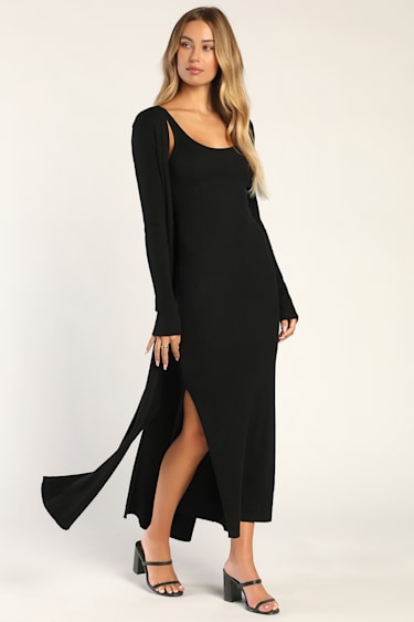 cardigan formal dress LESET Lauren Long Sleeve in Black in Jersey The slip dress is adorned with handmade three Maxi Dress Black Cardigan For