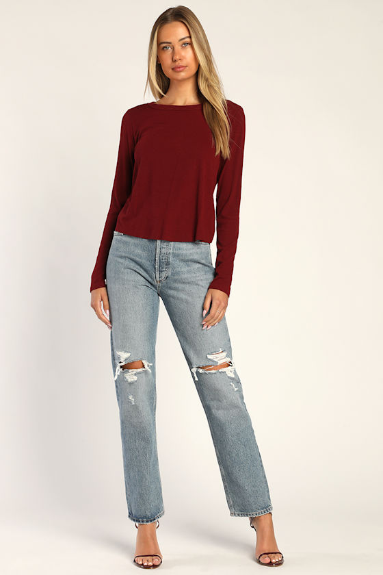 Sweet Side Burgundy Ribbed Cutout Long Sleeve Top 2