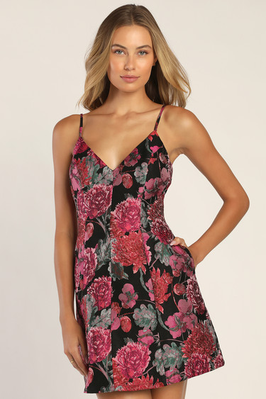 Bewitching Blooms Black Floral Jacquard Mini Dress with Pockets