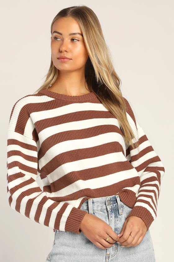 White and Brown Sweater Striped Sweater Pullover Sweater Lulus