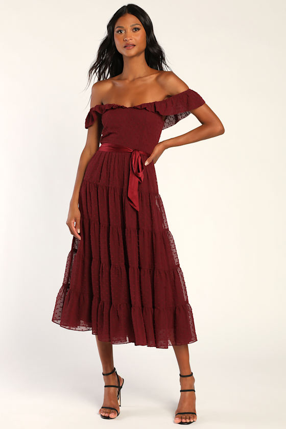 Tier to Win Burgundy Tiered Flutter Sleeve Midi Dress 1