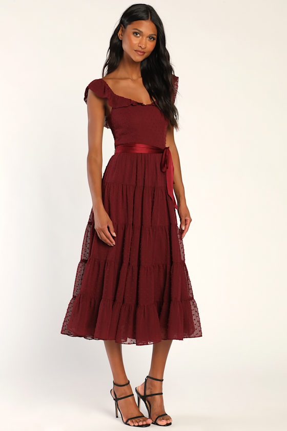 Tier to Win Burgundy Tiered Flutter Sleeve Midi Dress 4