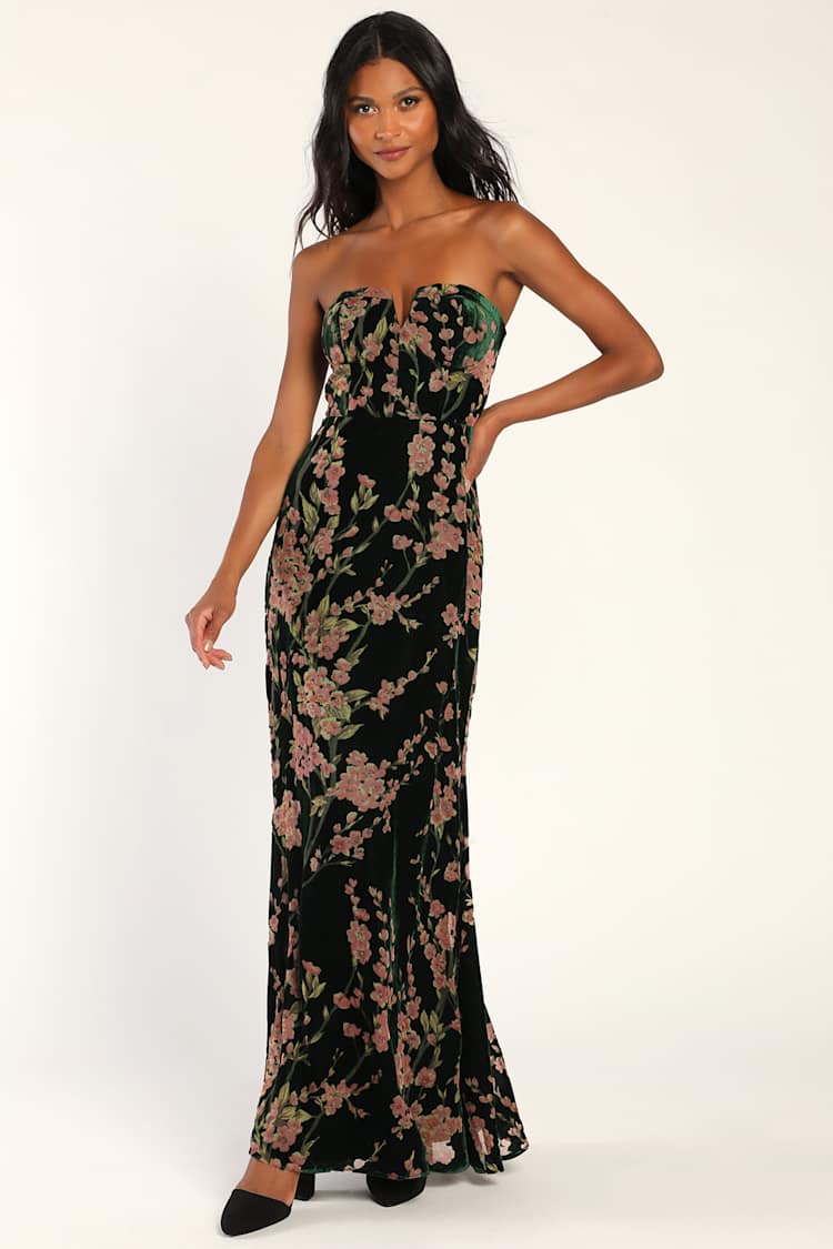 Emerald Maxi Dress - Floral Print Dress - Strapless Dress - Lulus