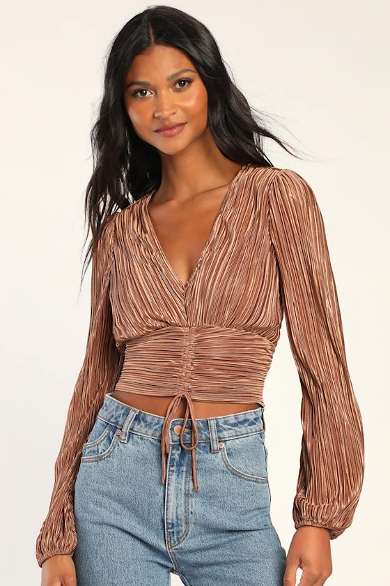 Gorgeous Glamour Taupe Plisse Satin Long Sleeve Top 4