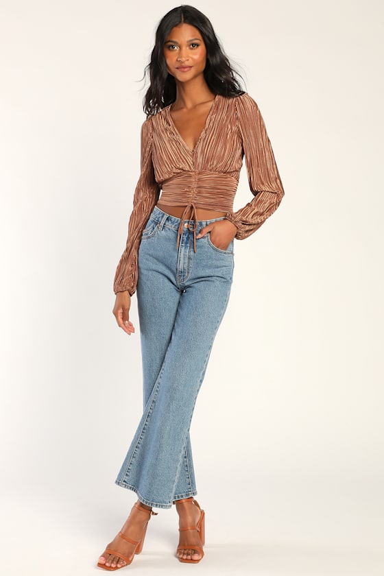 Gorgeous Glamour Taupe Plisse Satin Long Sleeve Top 2