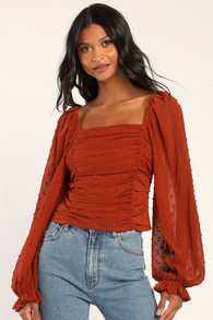 Ready to Romance Rust Orange Balloon Sleeve Ruched Top