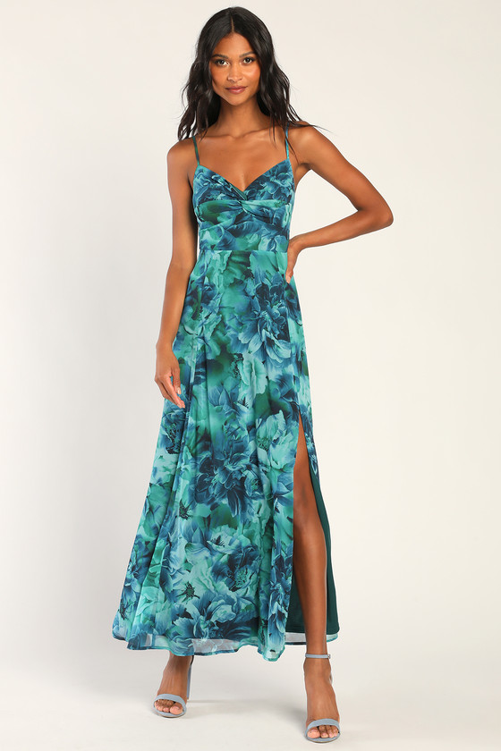 Lulus Beautiful Soul Teal Green Floral Print Twist-front Maxi Dress