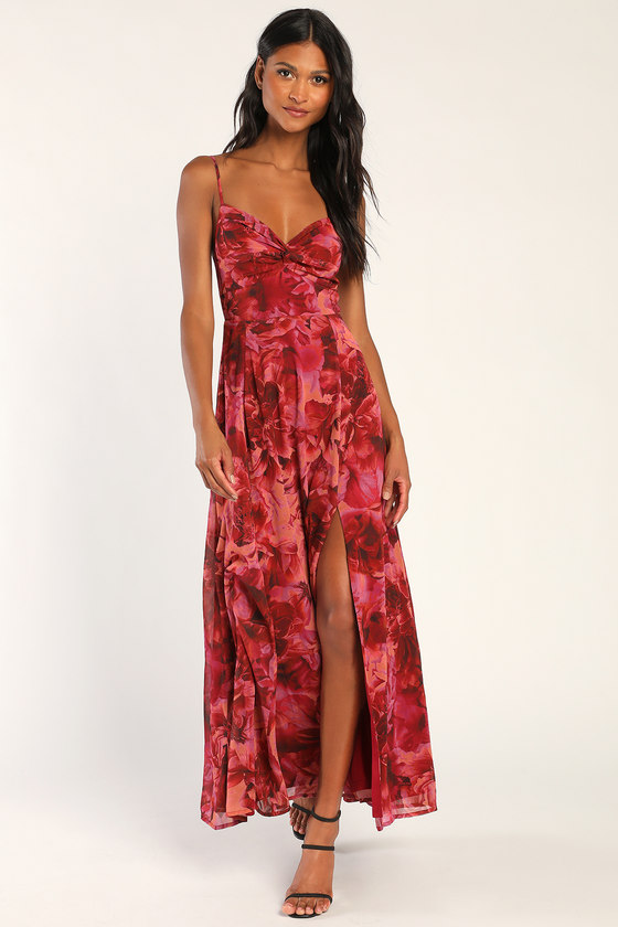 Lulus Beautiful Soul Burgundy Floral Print Twist-front Maxi Dress