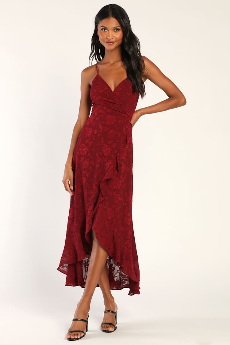 burgundy lace high low dress Burgundy High Low Lace Prom Dresses, Wine Red High Low Lace Formal Eve –  jbydress main image 0