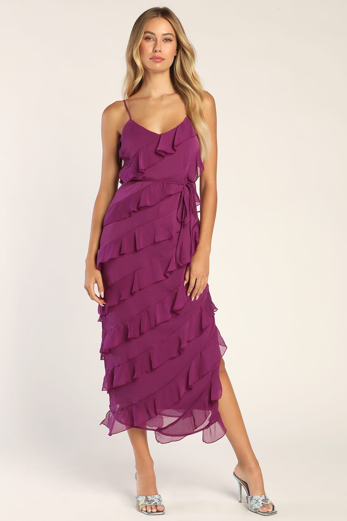 Purple Dress - Ruffled Midi Dress - Tiered Column Dress - Lulus