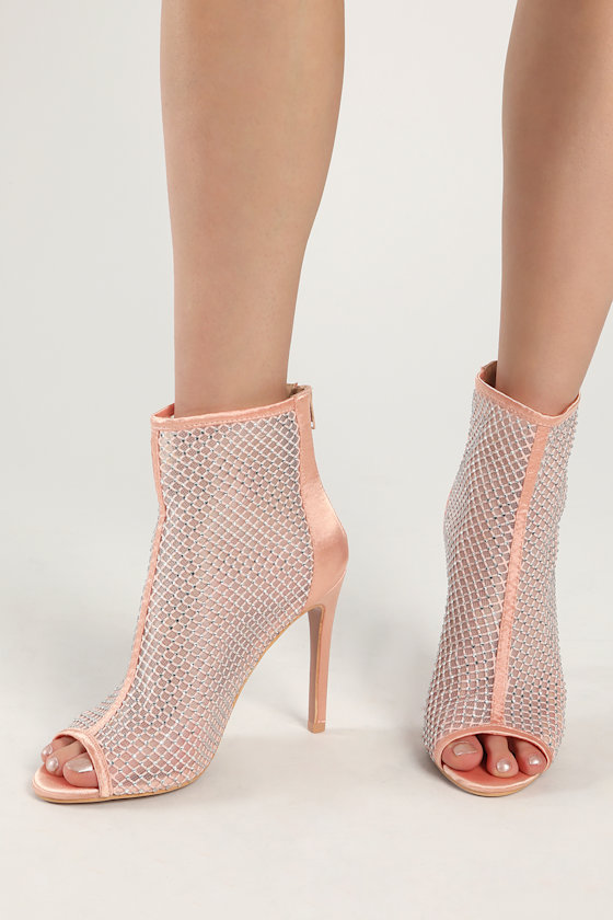 Rose Gold Satin Rhinestone Peep-Toe Booties | Womens | 8 (Available in 7.5, 7, 6.5, 6, 5.5, 9, 8.5, 10, 11) | Lulus