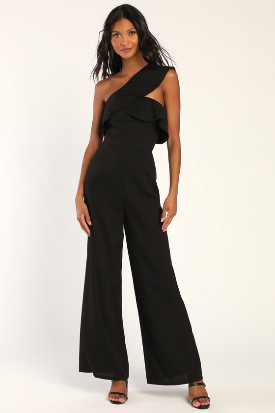 Cute Black Jumpsuit - One-Shoulder Jumpsuit - Wide-Leg Jumpsuit - Lulus