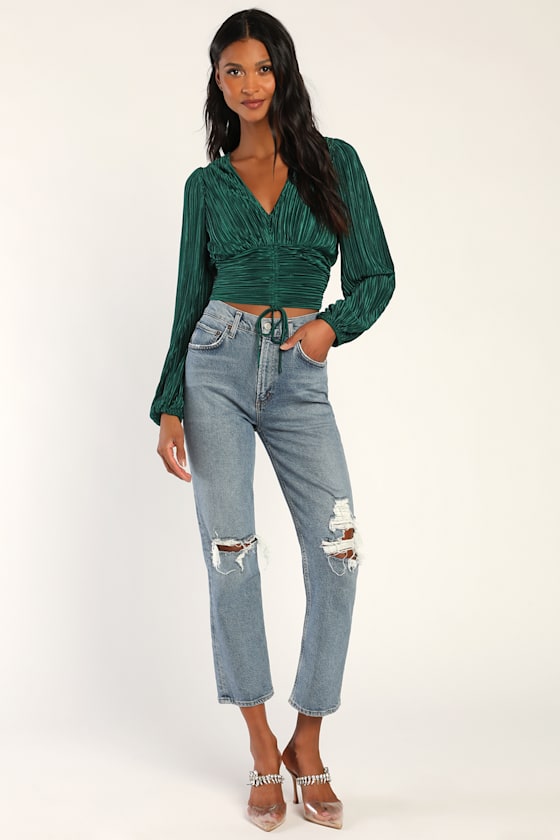 Gorgeous Glamour Emerald Green Plisse Satin Long Sleeve Top 1