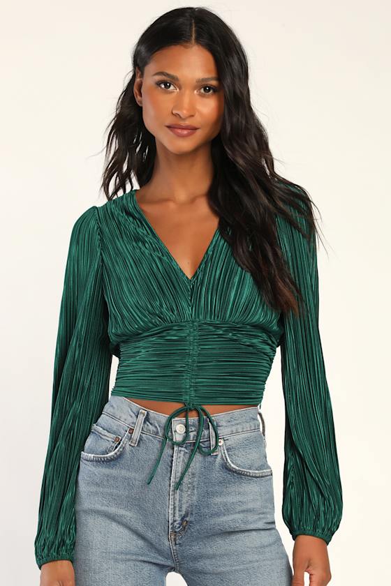 Gorgeous Glamour Emerald Green Plisse Satin Long Sleeve Top 3