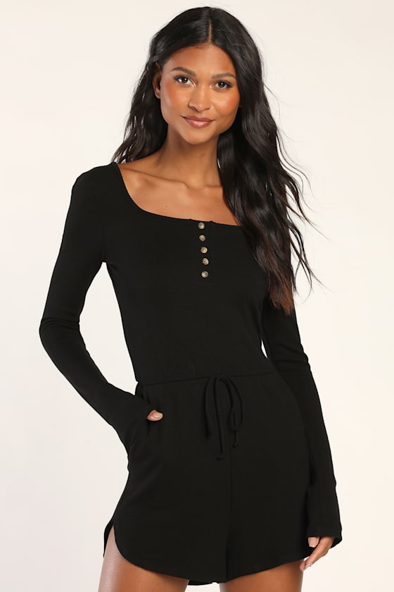 Easy and Effortless Black Waffle Knit Long Sleeve Lounge Romper 1