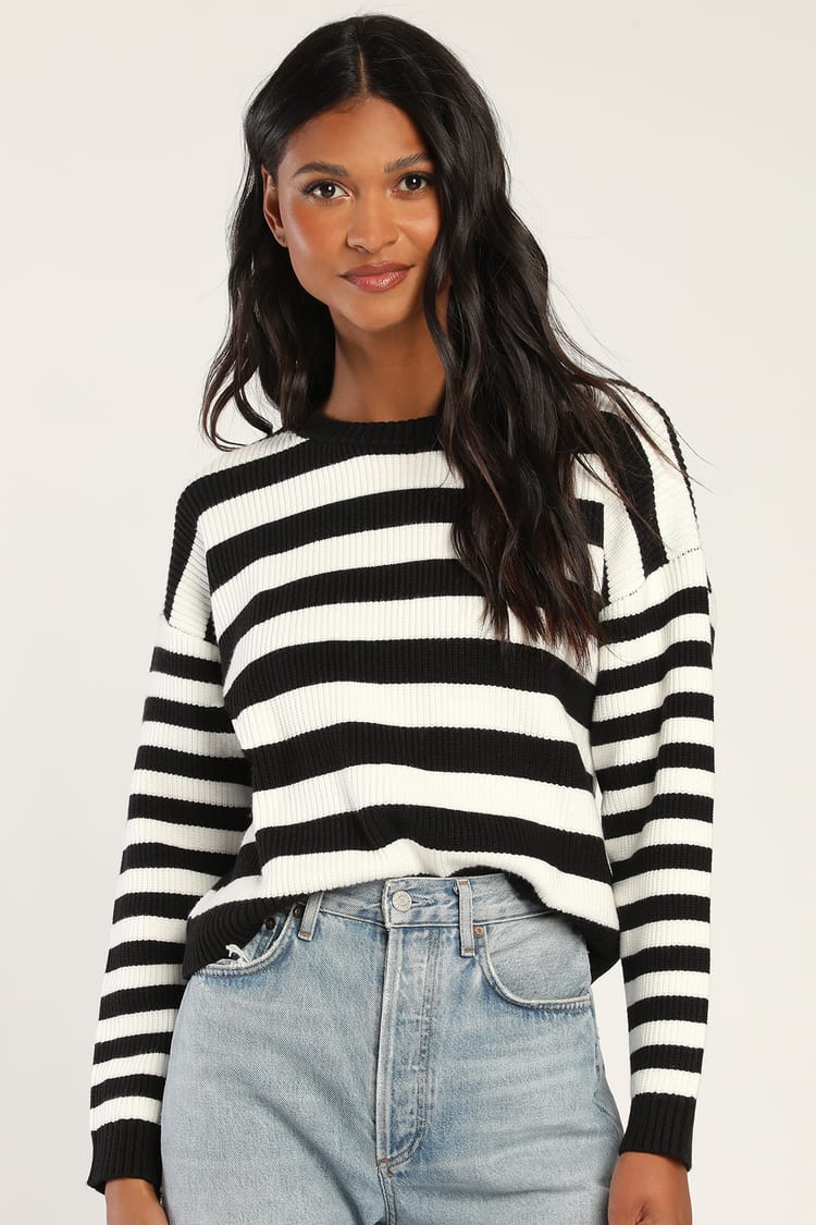 Dreamy Comfort Black and White Striped Ribbed Pullover Sweater