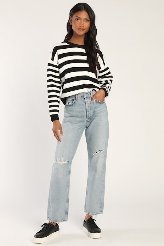 Dreamy Comfort Black Striped Ribbed Pullover Sweater 1