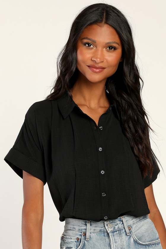 Black Collared Top - Button-Up - Short Sleeve Button-Up - Lulus