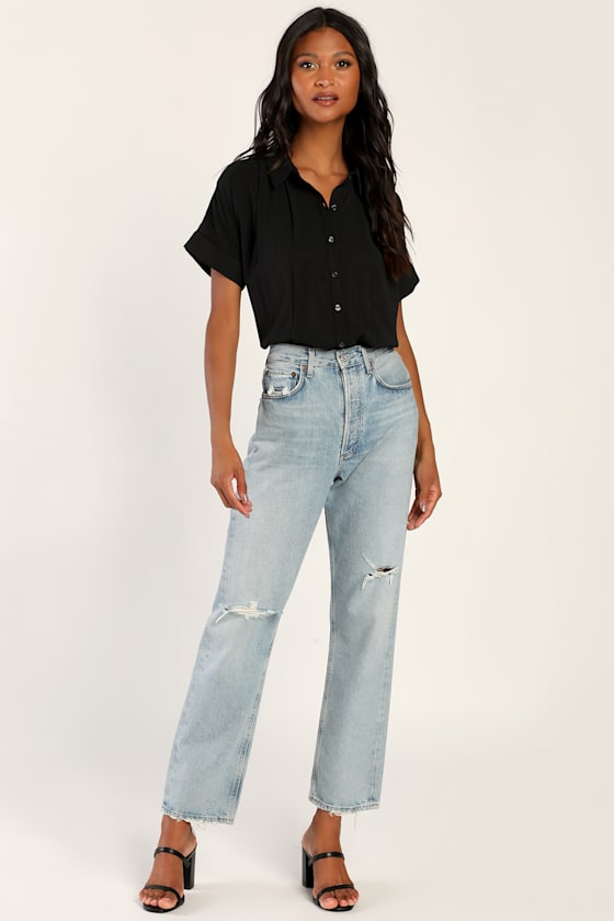 Effortless Update Black Collared Short Sleeve Button-Up Top 1