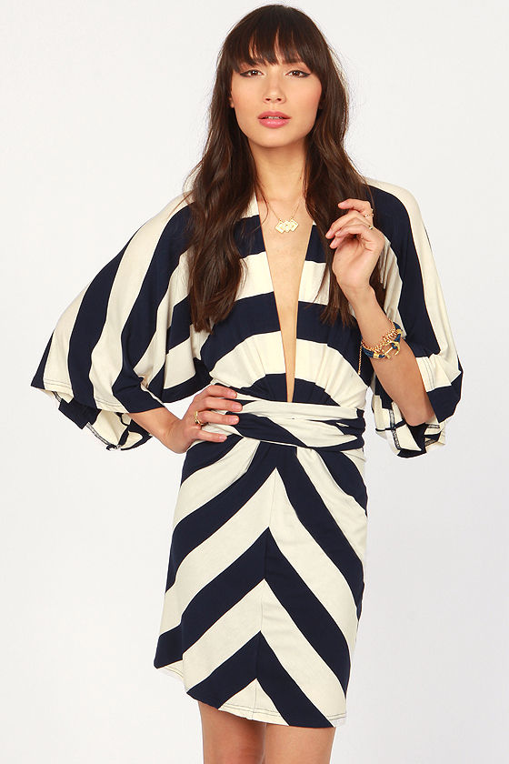 Cute Navy Blue and White Dress Striped Dress Kimono Dress 63.00 Lulus