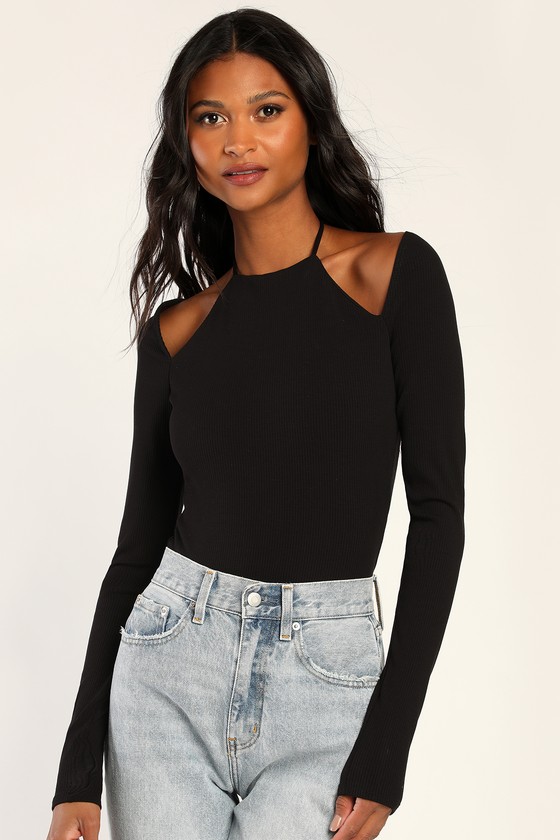 Cutie O'Clock Black Ribbed Knit Long Sleeve Halter Neck Bodysuit 1